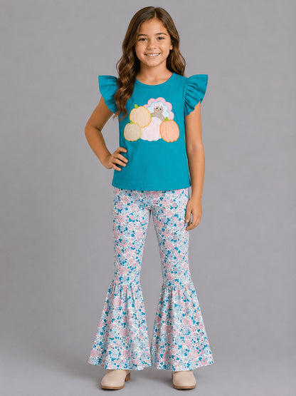 Teal turkey and pumpkin top with floral bell bottoms