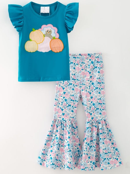 Girls teal Thanksgiving turkey pumpkin top and floral bell bottom pants set - Alternative view
