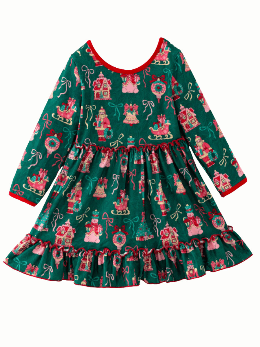 Girls green Christmas twirl dress with nutcracker and bow print