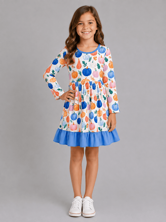 Girls Watercolor Pumpkin Ruffle Dress with Blue Bow Back Detail, Long Sleeves and Fall Pumpkin Print - Alternative view