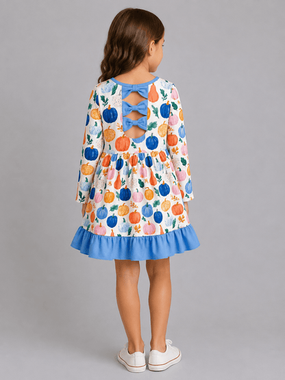 Back of Girls Watercolor Pumpkin Ruffle Dress with Blue Bow Back Detail, Long Sleeves and Fall Pumpkin Print