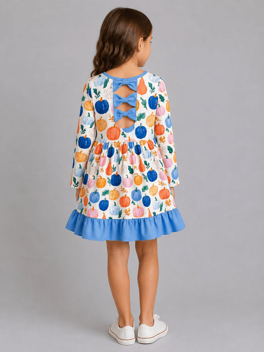 Back of the watercolor pumpkin dress with the blue bow