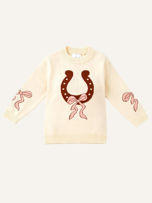 Girls Western Horseshoe Knit Sweater with Pink Bows, Cream Long Sleeve Pullover for Fall and Winter