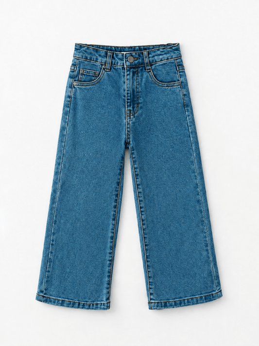 Girls medium wash wide leg denim jeans with front pockets and contrast stitching