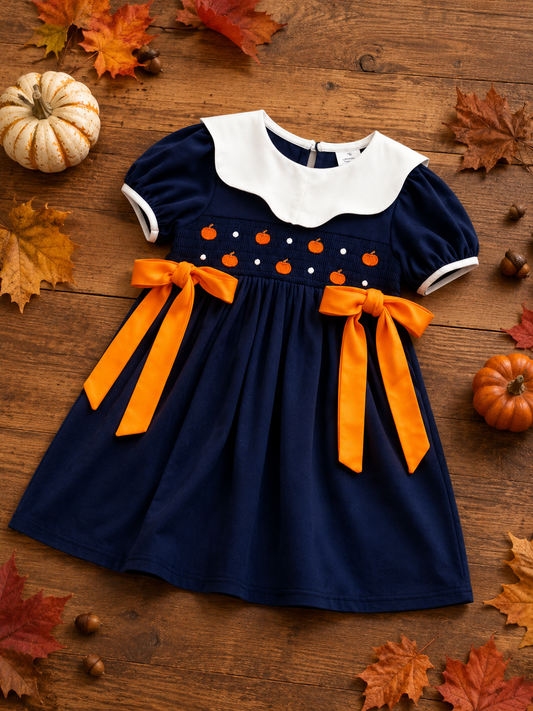 Navy girls fall dress with pumpkin smocking, white Peter Pan collar and orange bows on a rustic autumn background.