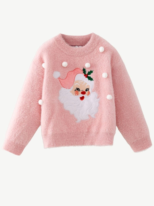 Girls pink fuzzy Christmas sweater with vintage Santa applique and pom poms
