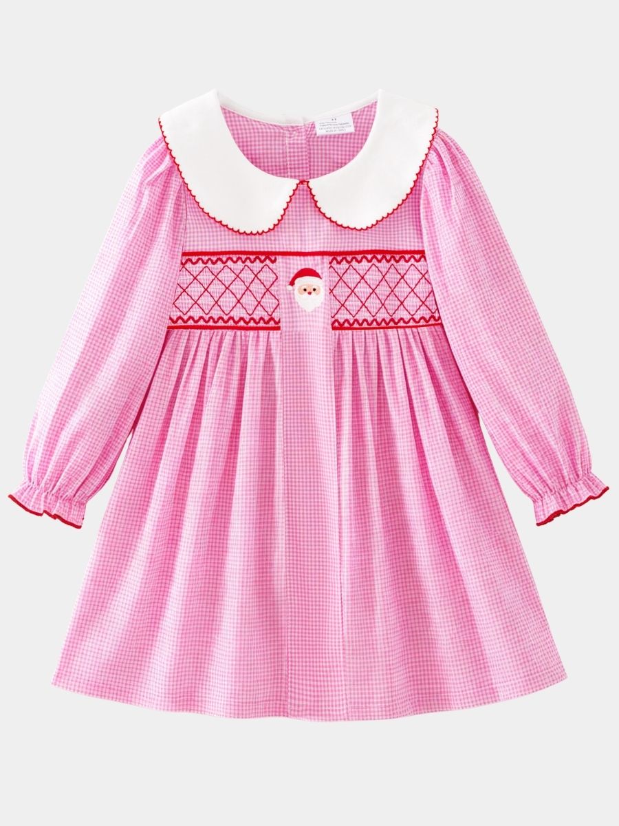 Pink gingham girls dress with smocked Santa and Peter Pan collar
