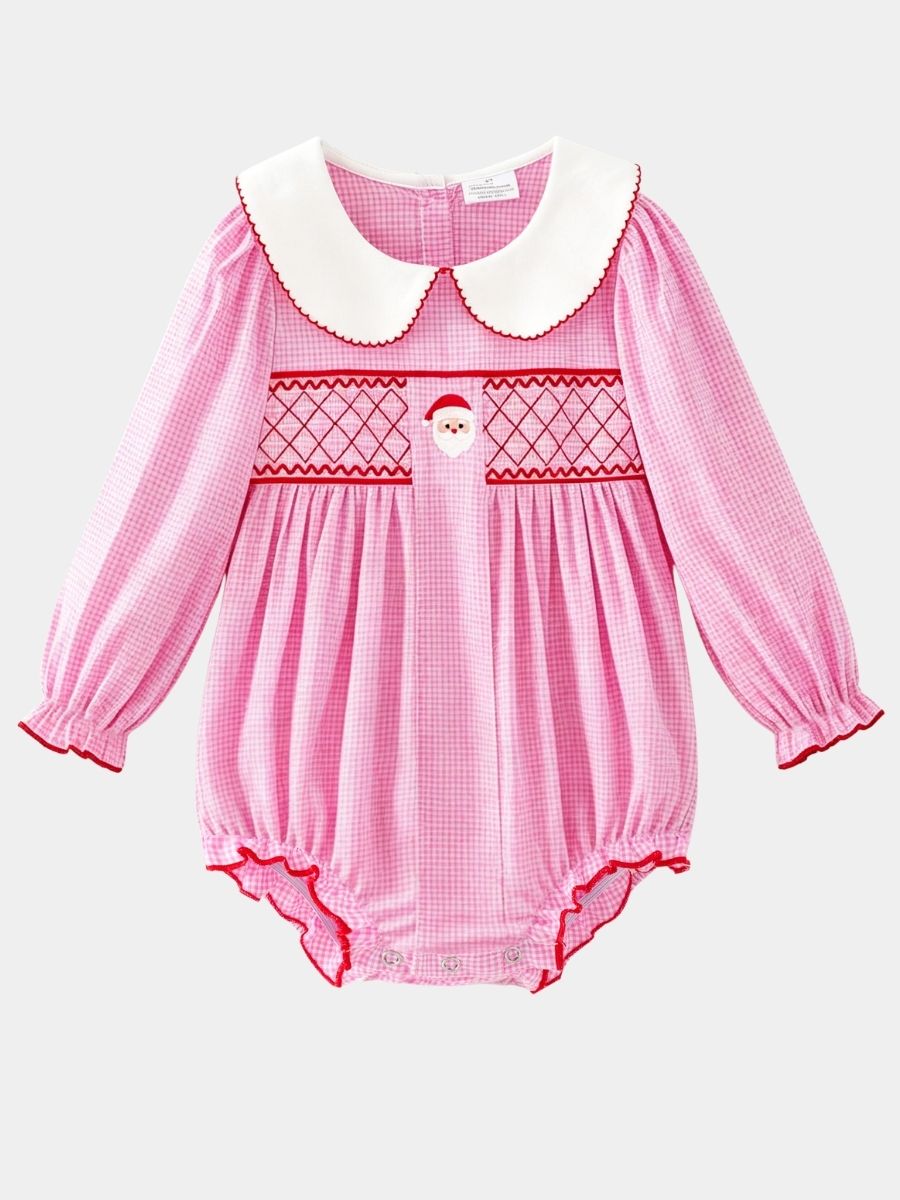 Pink gingham infant bubble romper with smocked Santa detail