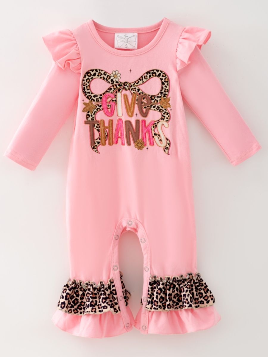 Baby girl pink Thanksgiving romper with Give Thanks bow design and leopard ruffle trim