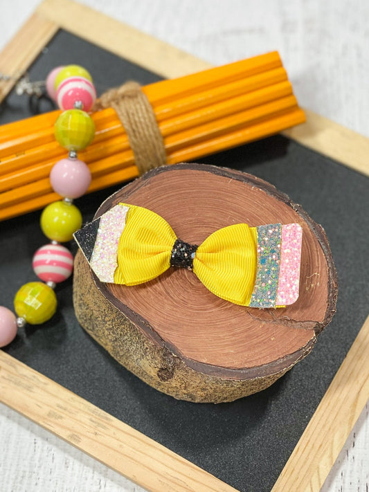 Yellow, black and pink glitter pencil hair bow on alligator clip