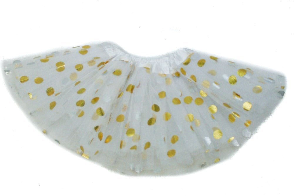 white gold dot tutu on white background