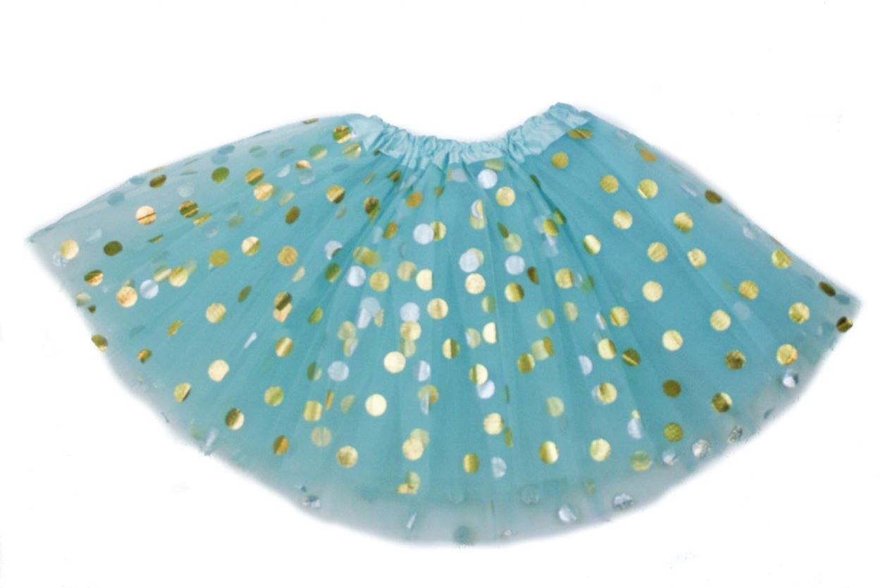  adult gold dot tutu on white background in aqua