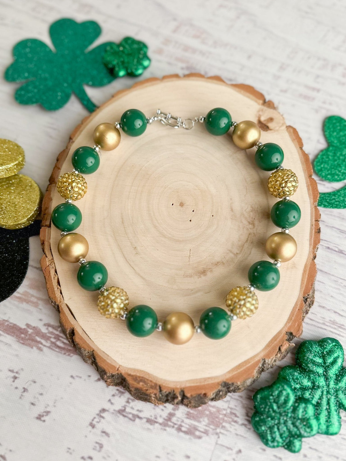 Green and gold chunky bead necklace