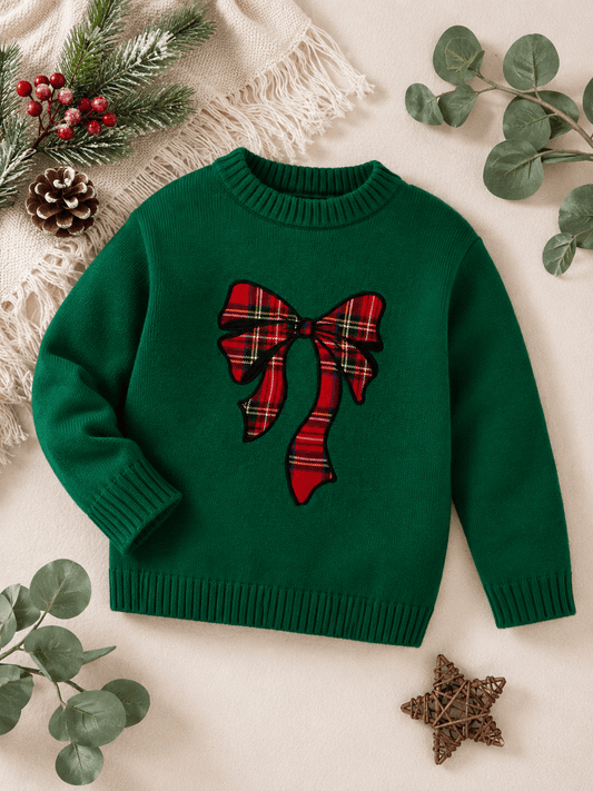 Girls emerald green Christmas sweater with red plaid bow flat lay, boutique holiday outfit for toddlers and kids