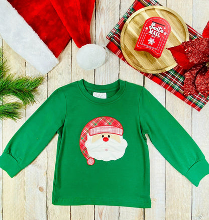Boys’ green long sleeve shirt with red plaid Santa applique, perfect for holiday photos and events.