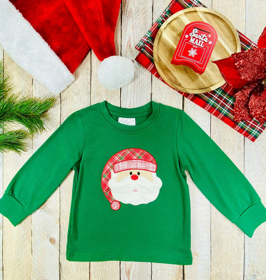 Boys’ green long sleeve shirt with red plaid Santa applique, perfect for holiday photos and events.