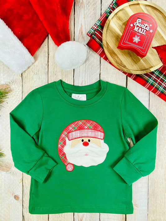 Boys’ green long sleeve shirt with red plaid Santa applique, perfect for holiday photos and events. - Alternative view