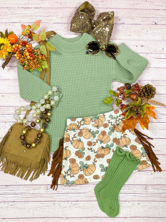 green sweater & pumpkin skirt set - Alternative view