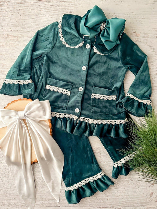Green Velvet Girl's PJ Set - Alternative view