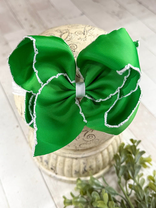 Green with White Moonstitch Bow Headband