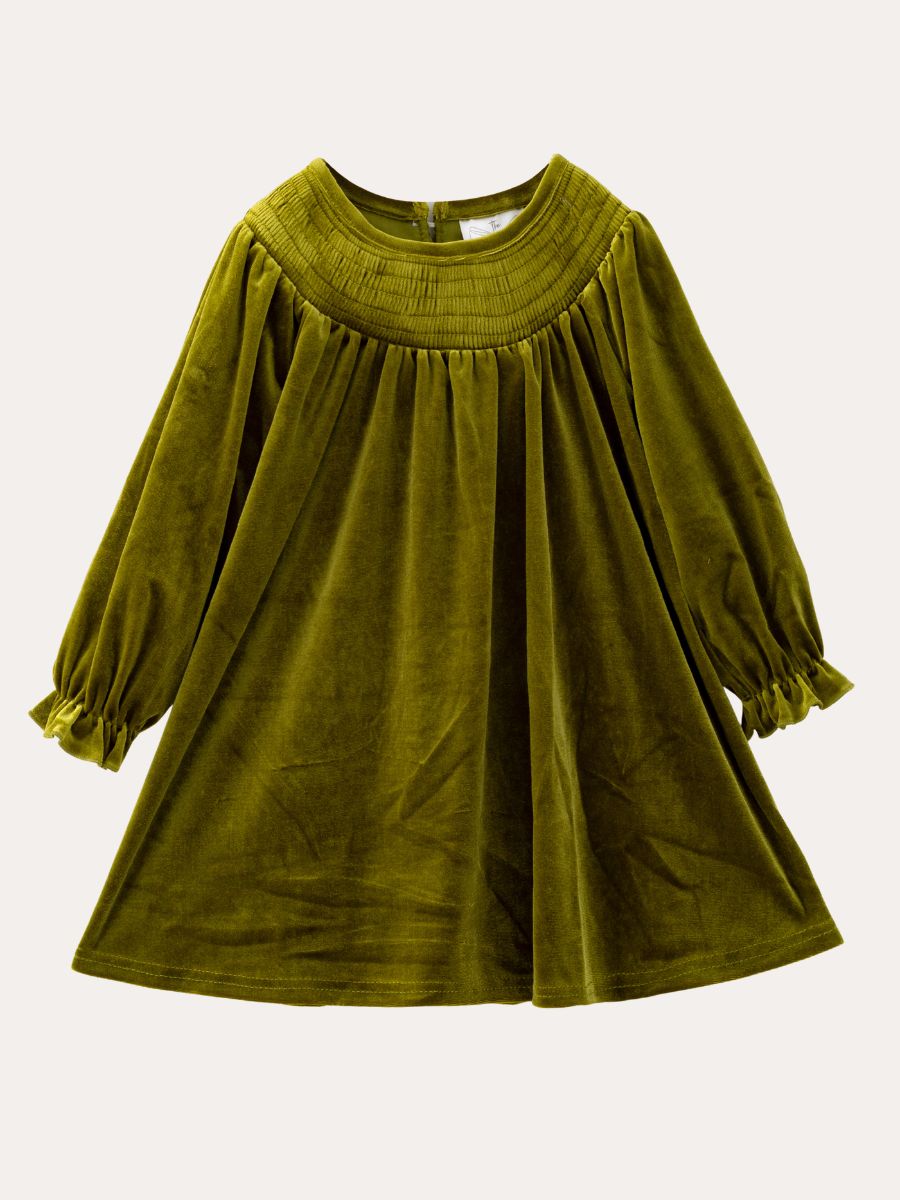 Deep green velvet girls dress with smocked yoke and long puff sleeves — The Hair Bow Company holiday dress