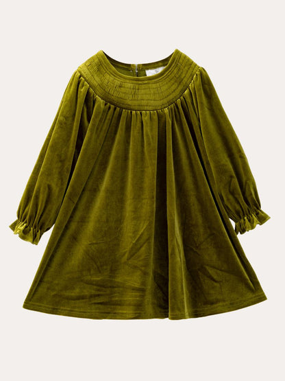 Deep green velvet girls dress with smocked yoke and long puff sleeves — The Hair Bow Company holiday dress