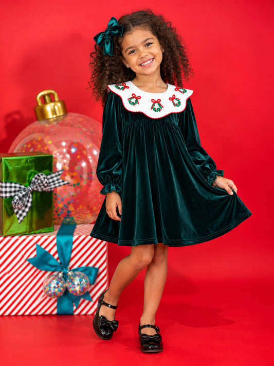Green Velvet Wreath Dress on model