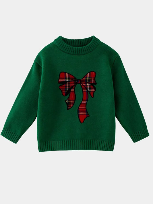 Green girls Christmas sweater with red plaid bow