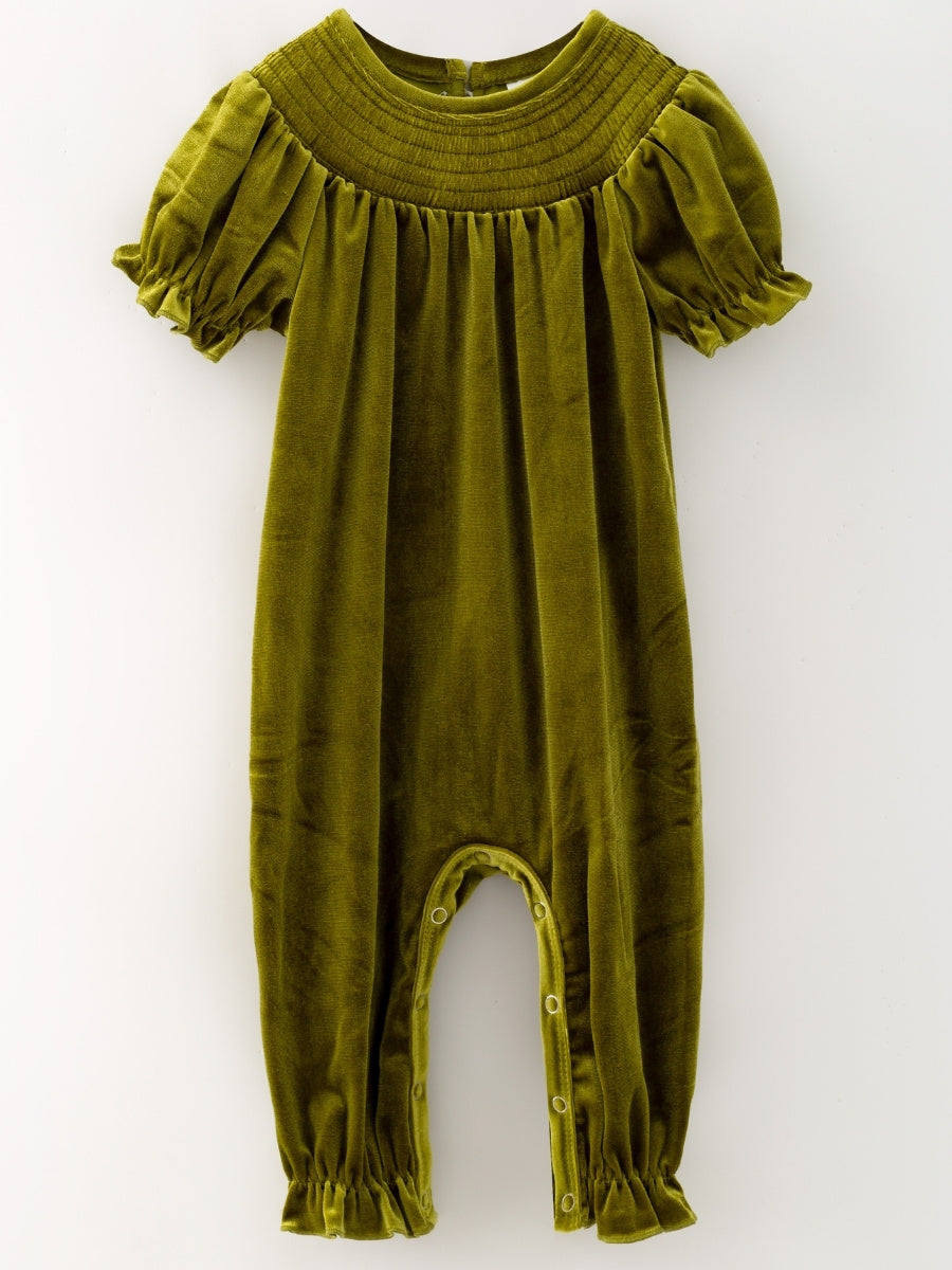 Deep green velvet baby girl romper with smocked yoke and puff sleeves, a Christmas one-piece — The Hair Bow Company