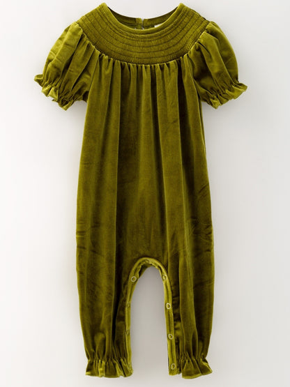 Deep green velvet baby girl romper with smocked yoke and puff sleeves, a Christmas one-piece — The Hair Bow Company