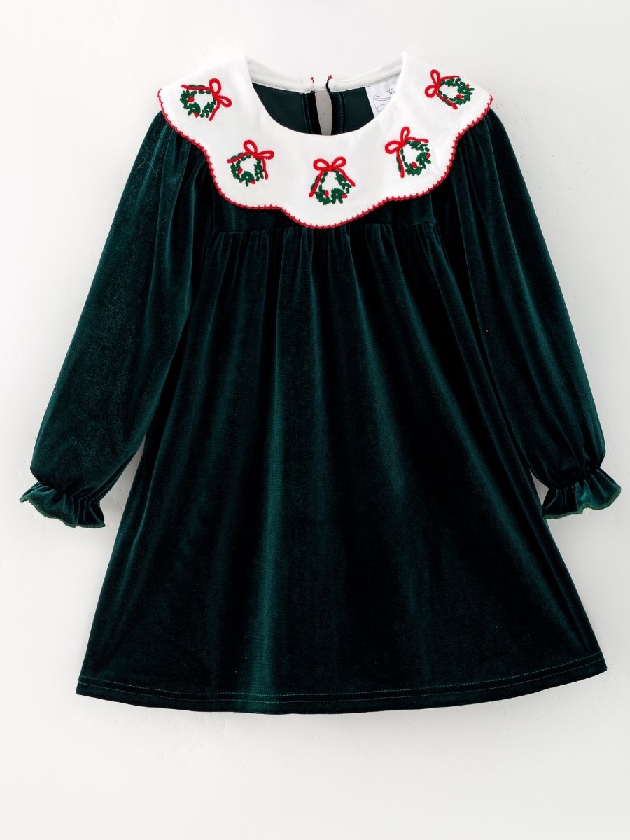 hunter green velvet girls Christmas dress with embroidered wreath collar.