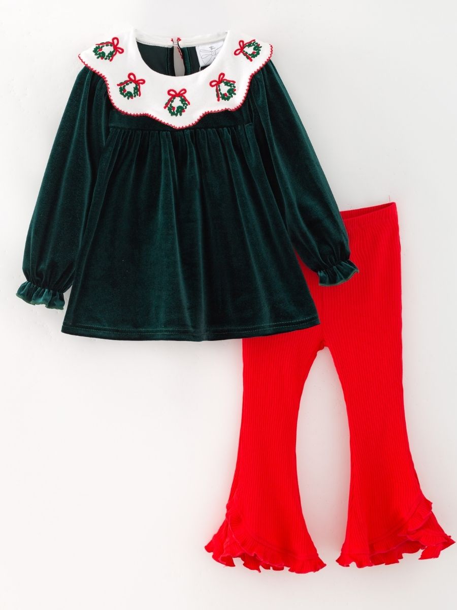 Hunter green velvet girls outfit with embroidered wreath collar and red bell bottoms