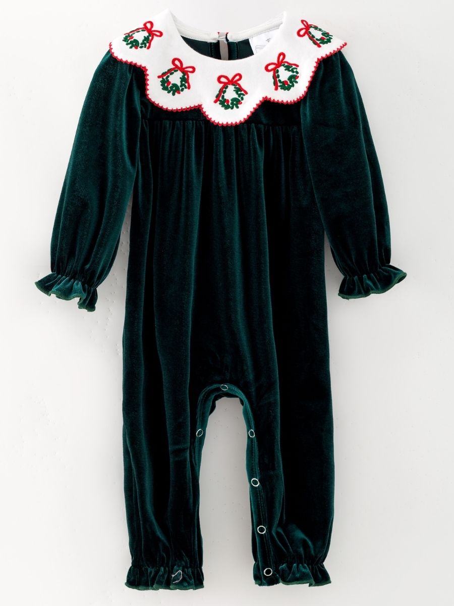 Hunter green velvet infant bubble romper with embroidered wreath collar