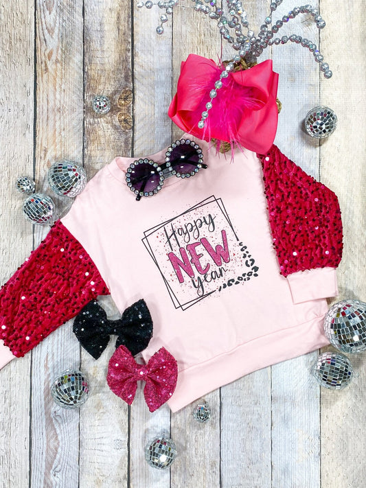 Girls Happy New Year top with sequin sleeves