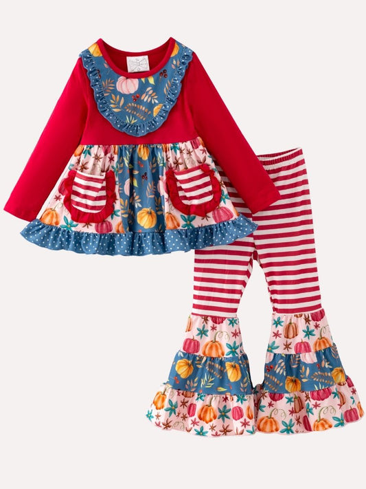 Girls harvest pumpkin bell bottom outfit with rust ruffle top and striped pants