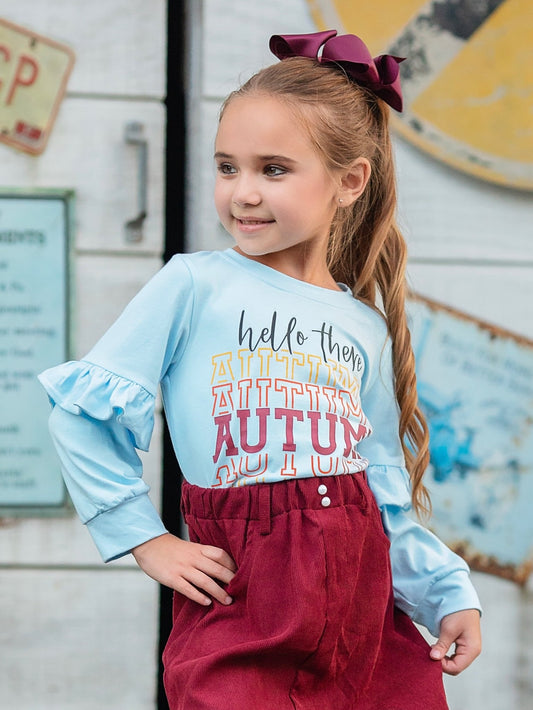 hello autumn blue ruffled sleeve top on a model - Alternative view
