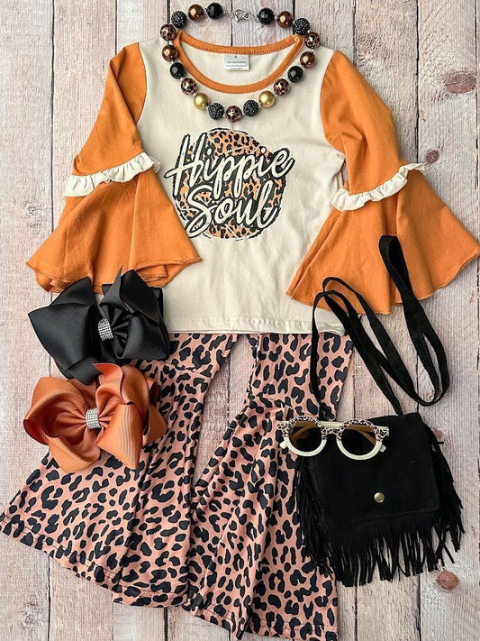 Cream and Mustard Long sleeve Hippe Soul top with Leopard Print Bell Bottoms. - Alternative view