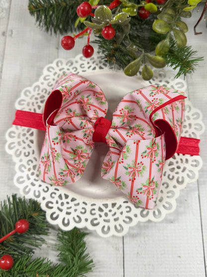 Holly bows and stripes double layer bow on satin headband