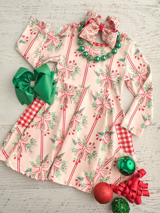 Holly Bows & Stripes Twirl Dress