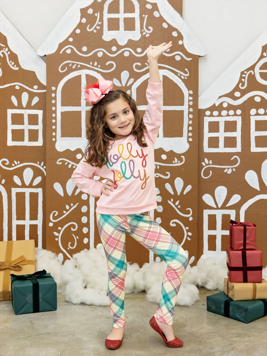 Model wearing the Holly Jolly Colorful Plaid Leggings Set