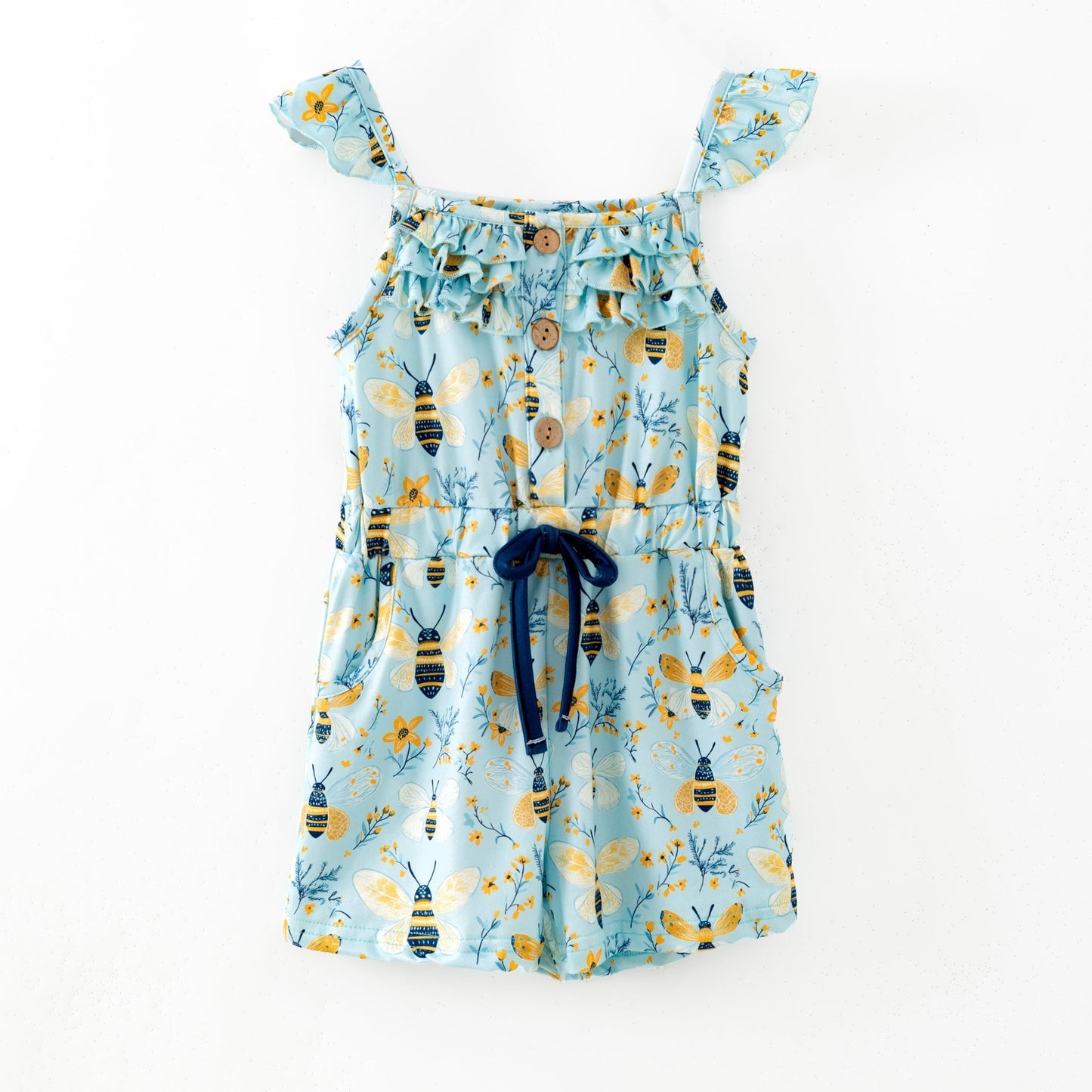 girls honey bee garden romper with flutter straps and tie waist