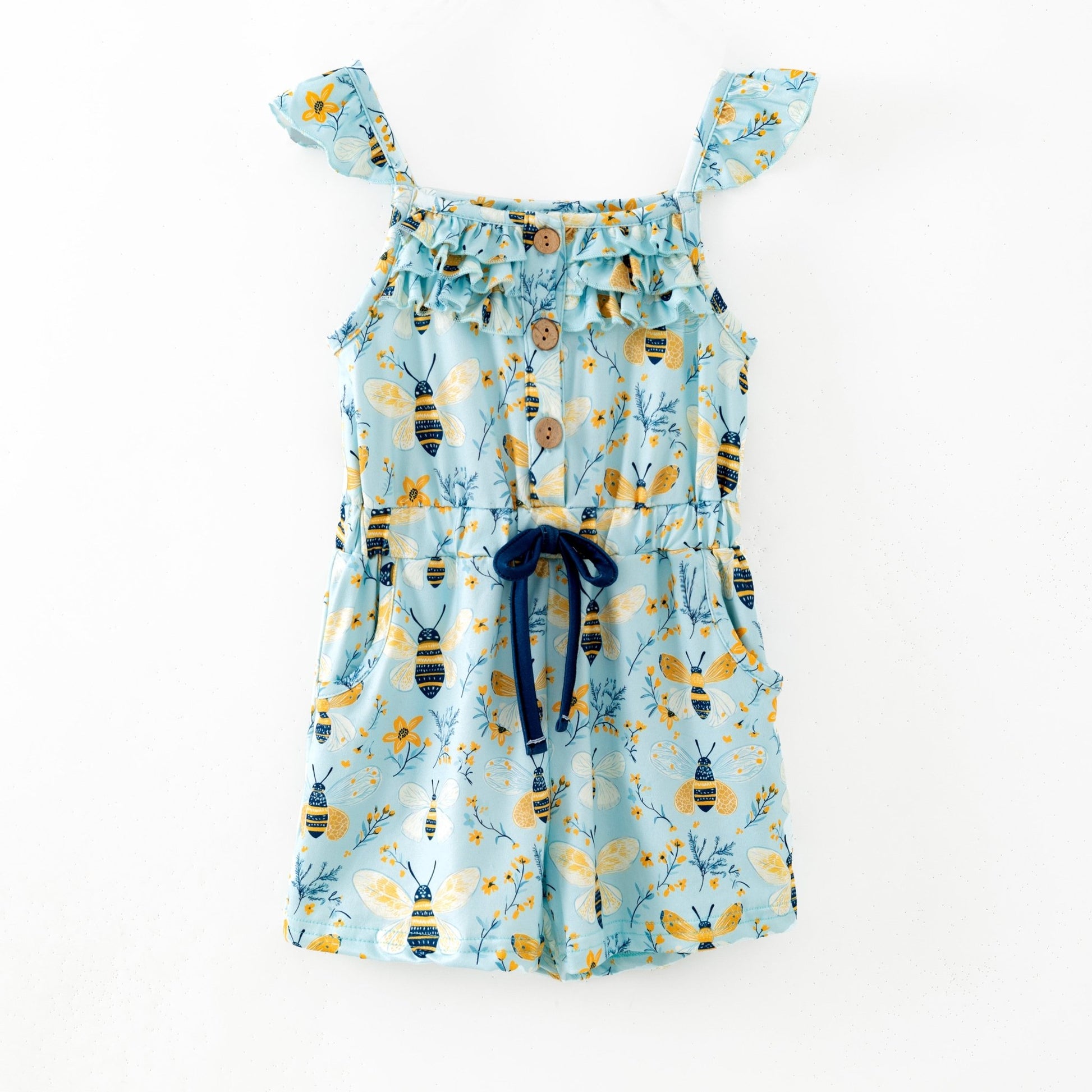 girls honey bee garden romper with flutter straps and tie waist