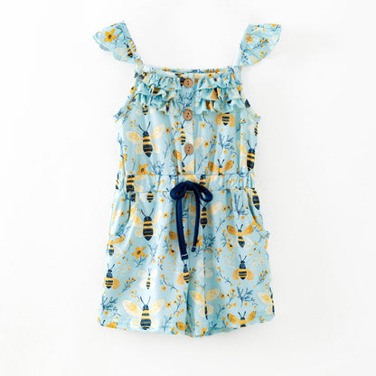 girls honey bee garden romper with flutter straps and tie waist