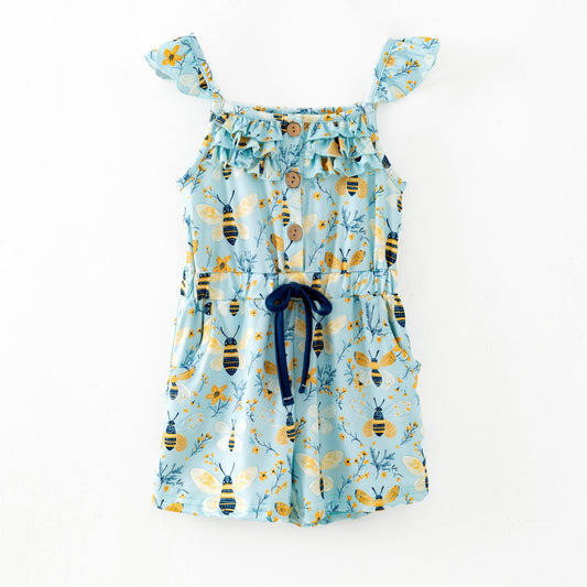 girls honey bee garden romper with flutter straps and tie waist