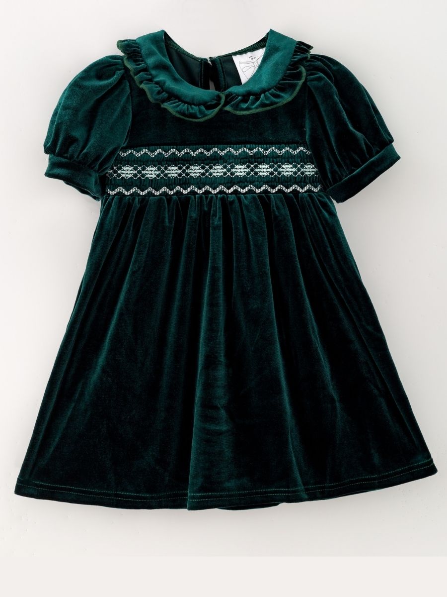 Green Girls Velvet Smocked Peter Pan Dress with ruffled collar and puff sleeves