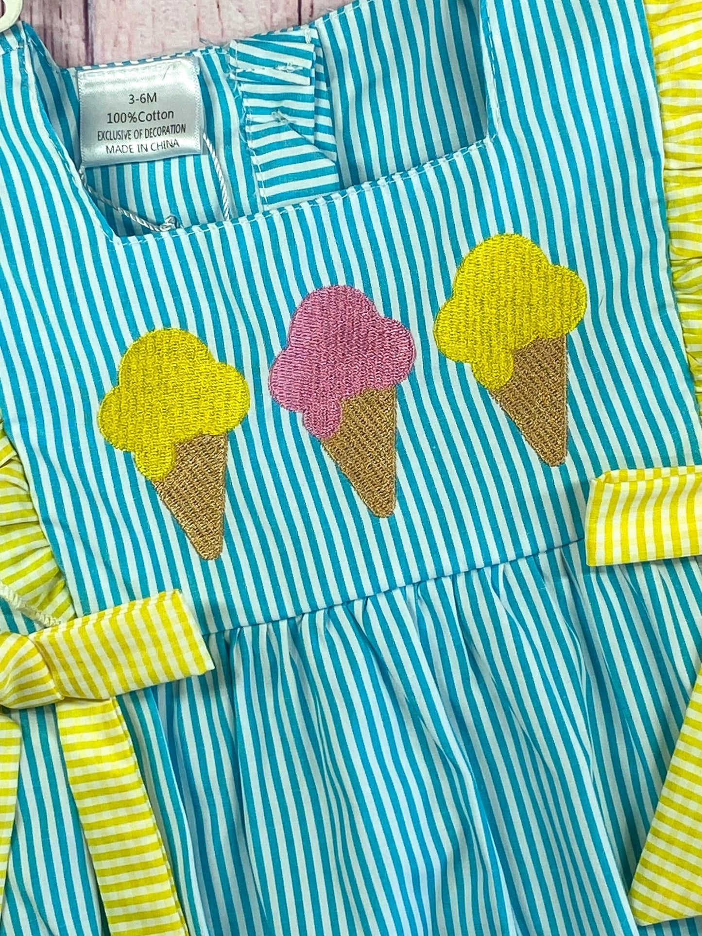 Close up detail photo of the 3 ice cream cone embroideries 