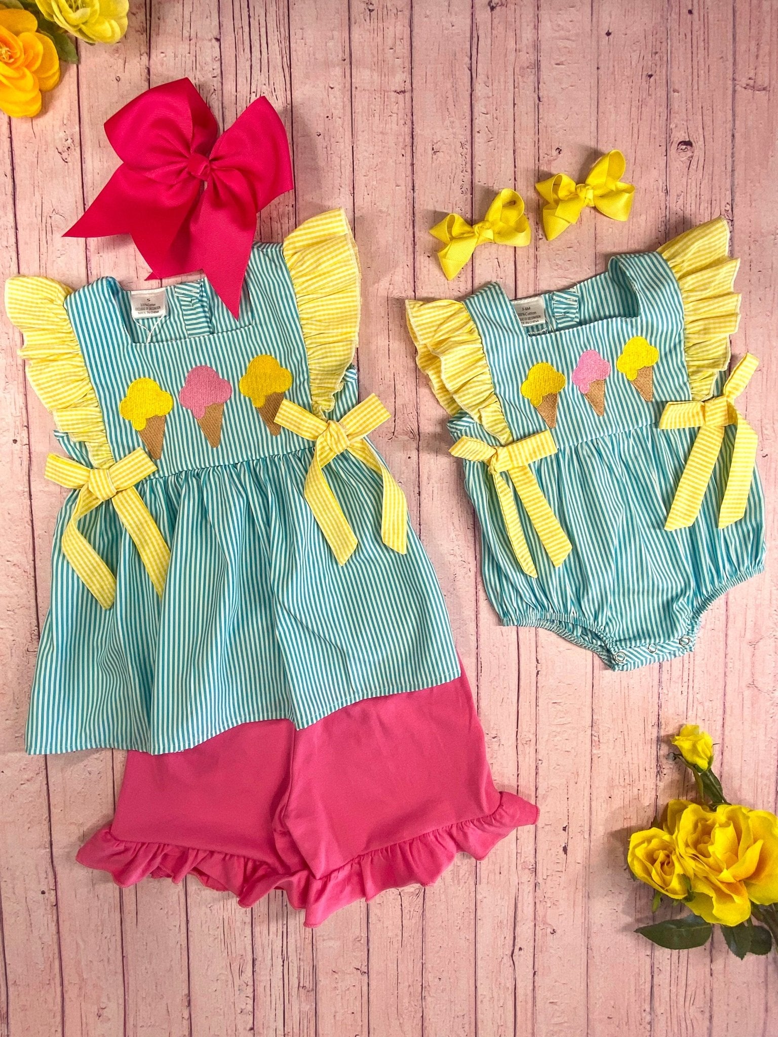 Ice Cream Ruffles & Bows Infant Romper next to the matching girl's outfit set