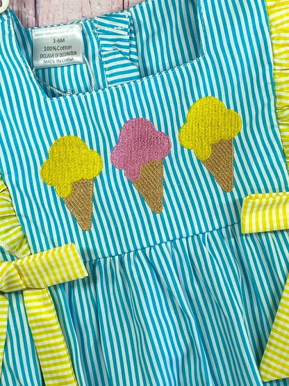 Close up detail of the 3 ice cone embroideries