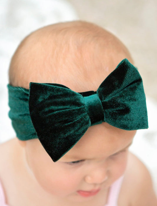 Hunter Green velvet bow headband on model - Alternative view