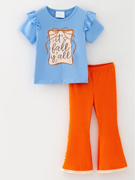 girls fall two-piece with graphic ruffle tee and orange ribbed bell bottoms with lace trim